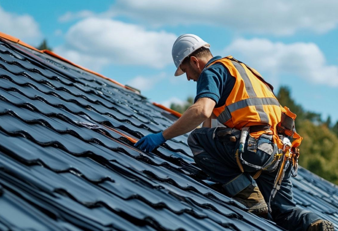 Professional roofer installing roof tiles on a sloped residential roof