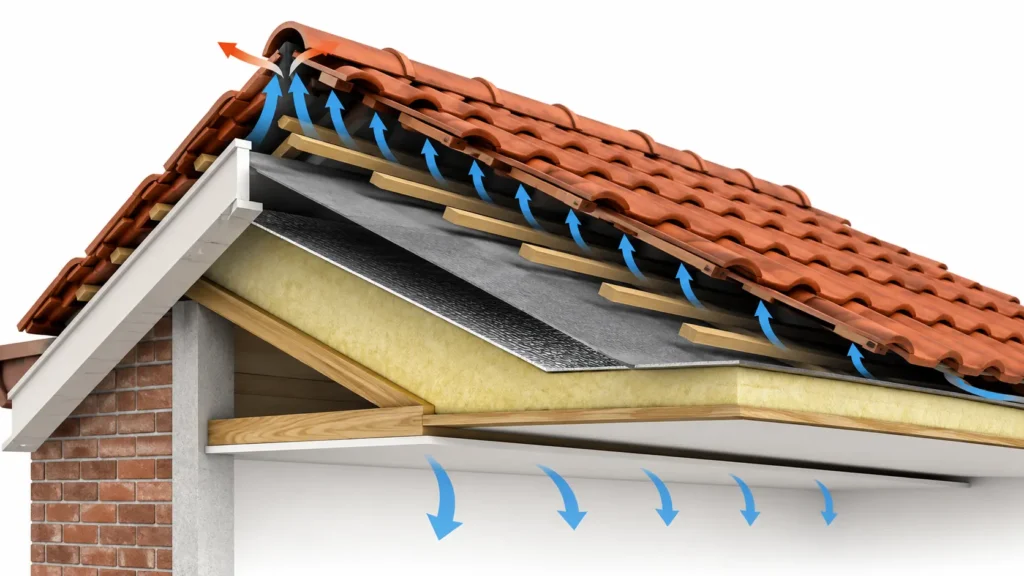 Ventilated clay tile roof system with layered insulation, reflective waterproof underlay, battens, and ridge ventilation showing heat escaping to keep Kerala homes cooler.