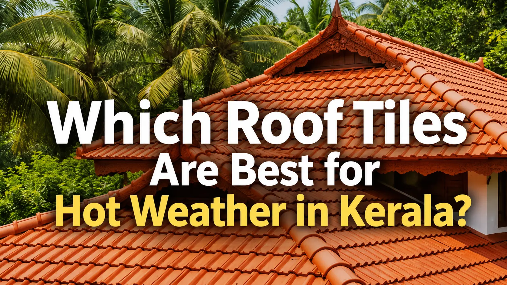 Traditional Kerala house with terracotta ceramic roof tiles surrounded by coconut trees, featuring the title "Which Roof Tiles Are Best for Hot Weather in Kerala?"