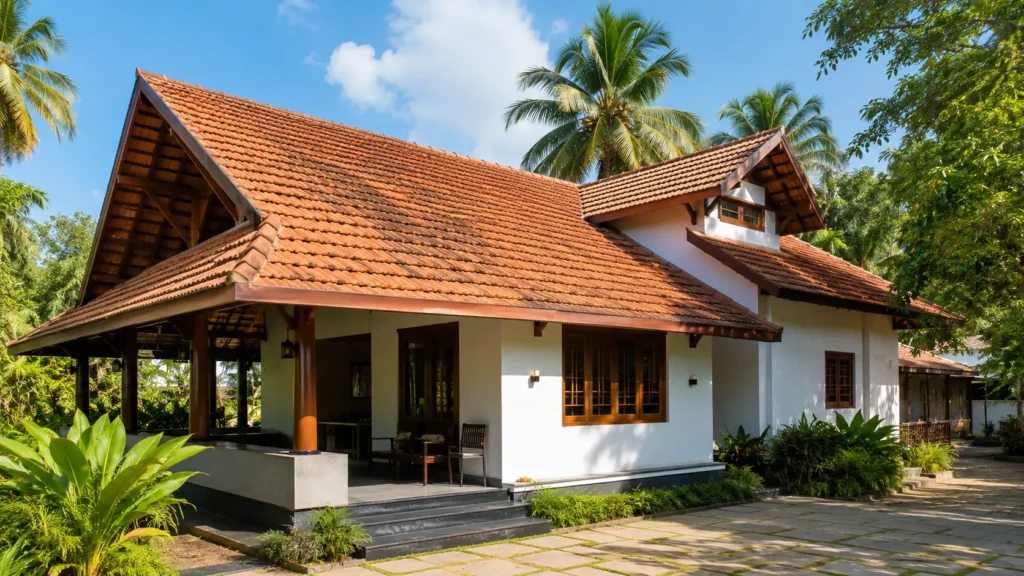 Clay roof tiles installed on a modern Kerala home surrounded by coconut trees, designed for better heat control in a hot and humid climate.