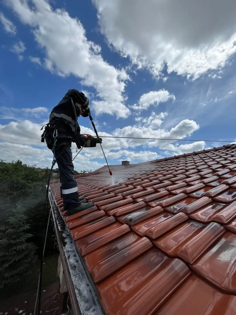 Professional inspecting and maintaining roof tiles by cleaning gutters and replacing damaged tiles to extend roof lifespan.