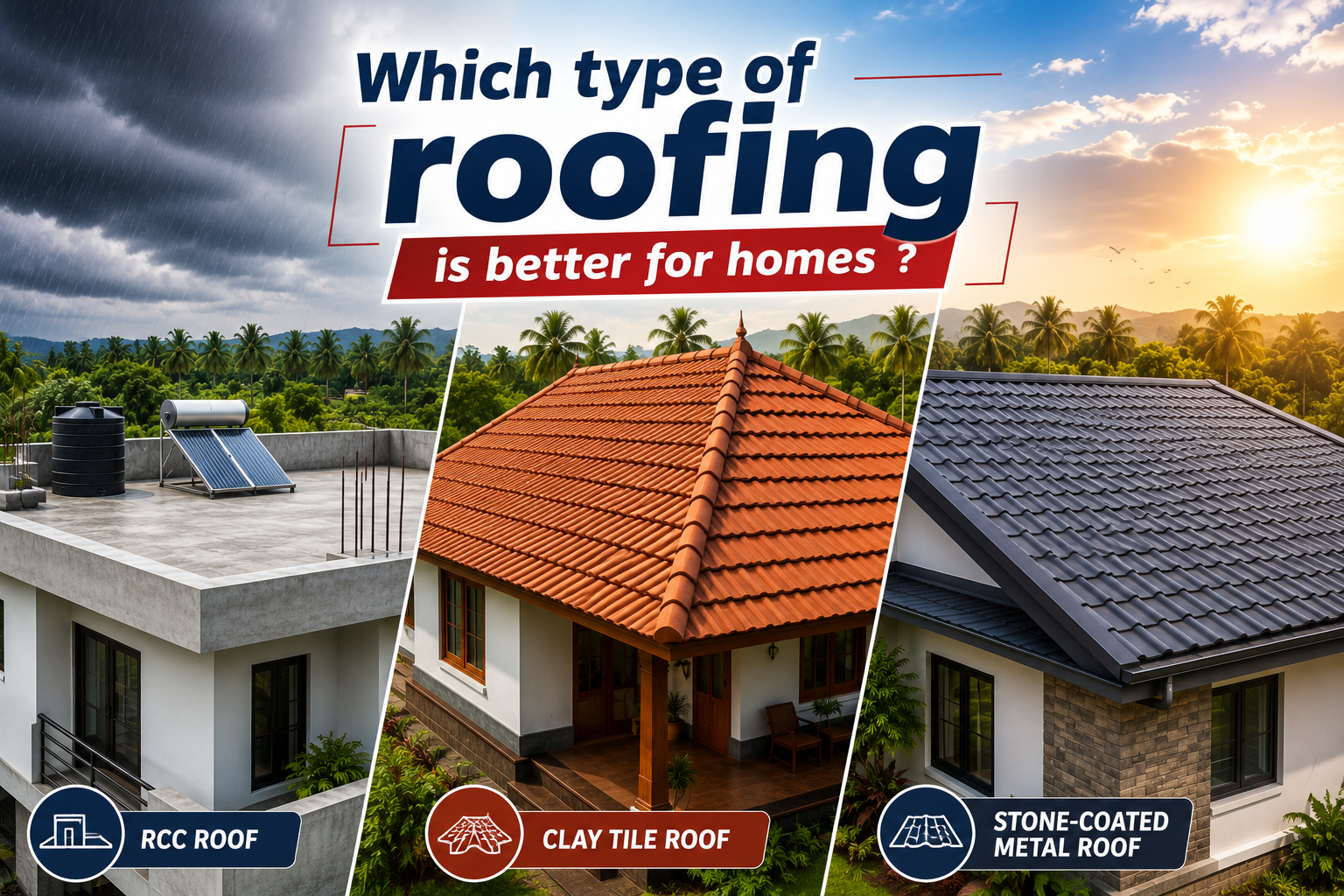 RCC, clay tile and metal roofing comparison for homes