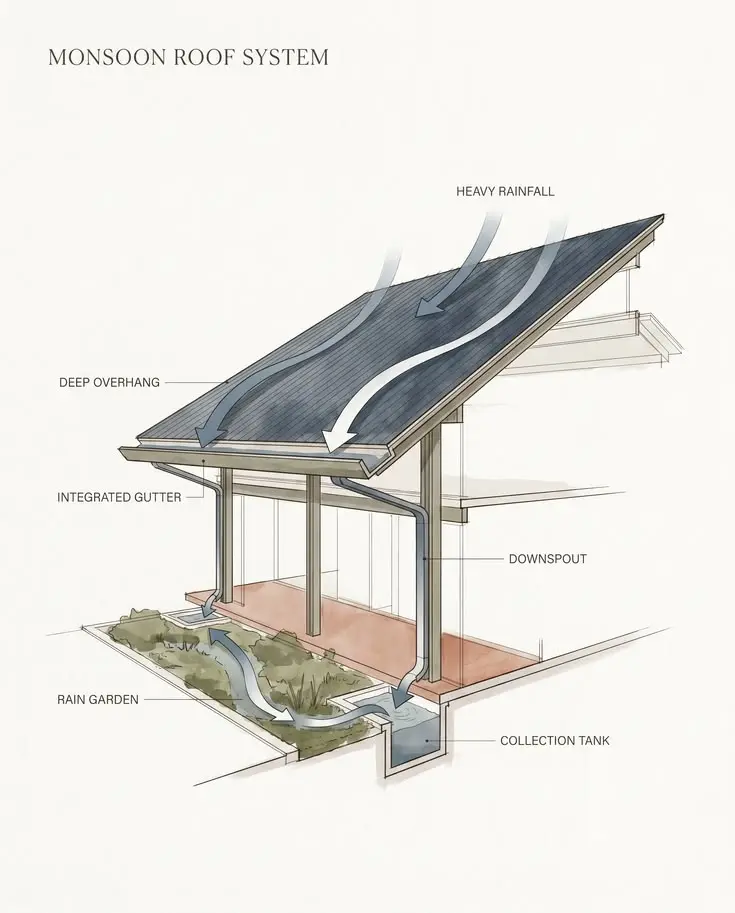Roof drainage diagram showing roof tiles, slope direction, gutter, downpipe, and safe water discharge away from the wall.