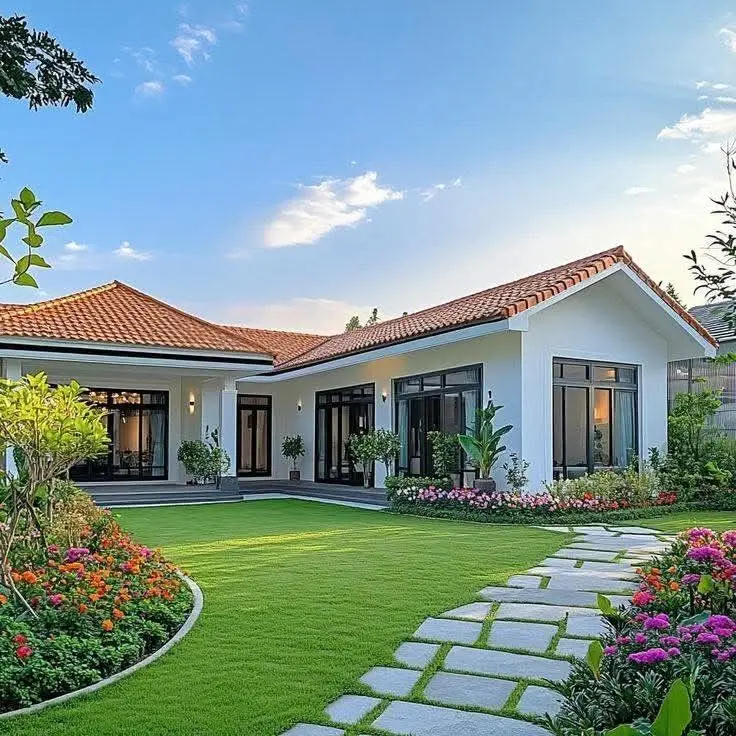 Modern white house featuring premium terracotta roof tiles with a landscaped front yard