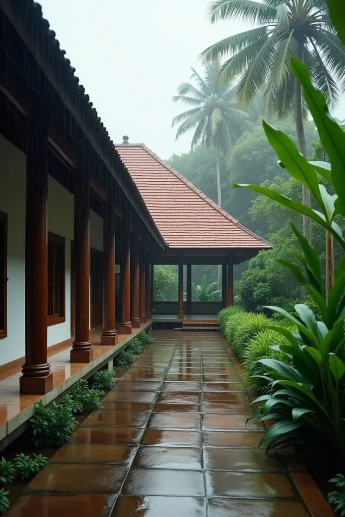 Kerala home with long-lasting sloped roof tiles, rain gutter,