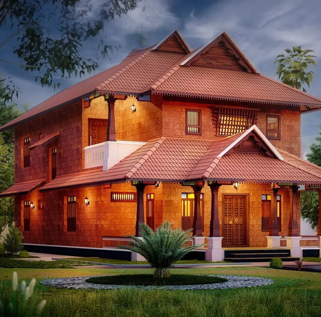 Traditional Kerala style house with premium clay roof tiles.