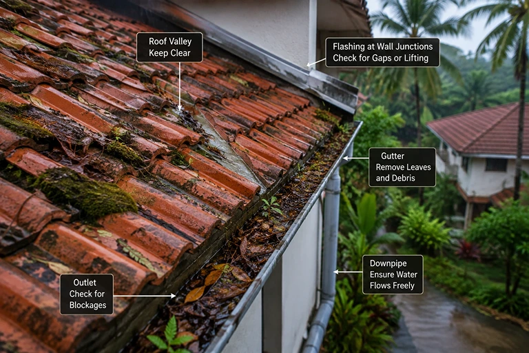 Kerala tiled roof maintenance showing gutter, valley, flashing and drainage checks