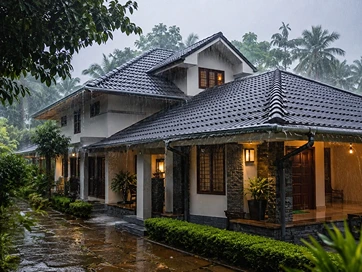Modern Kerala house with monsoon-ready sloping roof and proper rainwater drainage