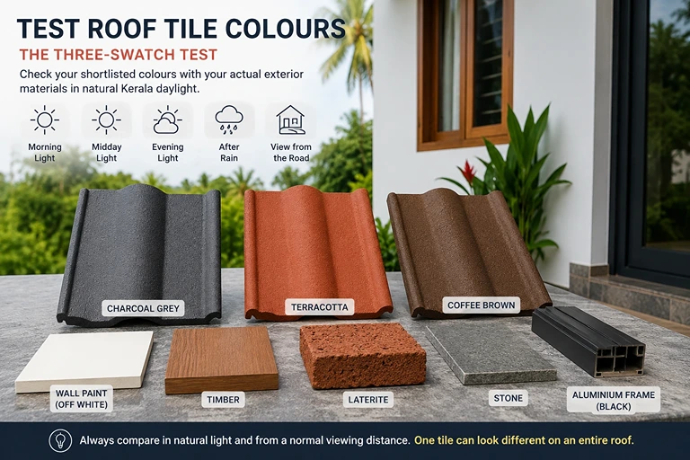 Charcoal grey, terracotta and coffee brown roof tile samples tested with Kerala home exterior materials.