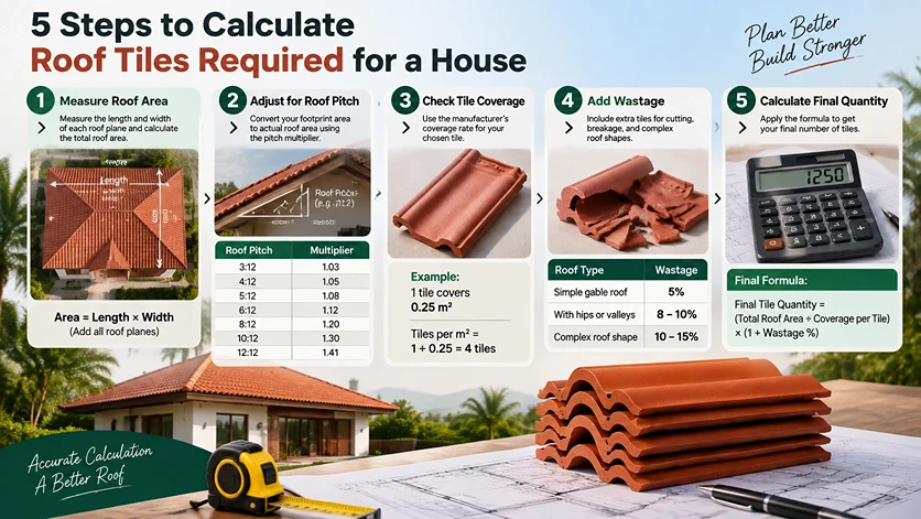 5 steps to calculate roof tiles required for a house using roof area, pitch, tile coverage, and wastage calculation