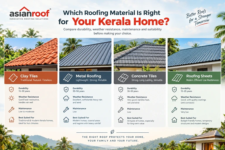 Comparison of clay tiles, metal roofing, concrete tiles and roofing sheets for Kerala homes