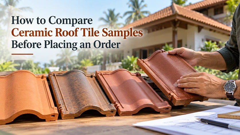 Comparing ceramic roof tile samples in Kerala.
