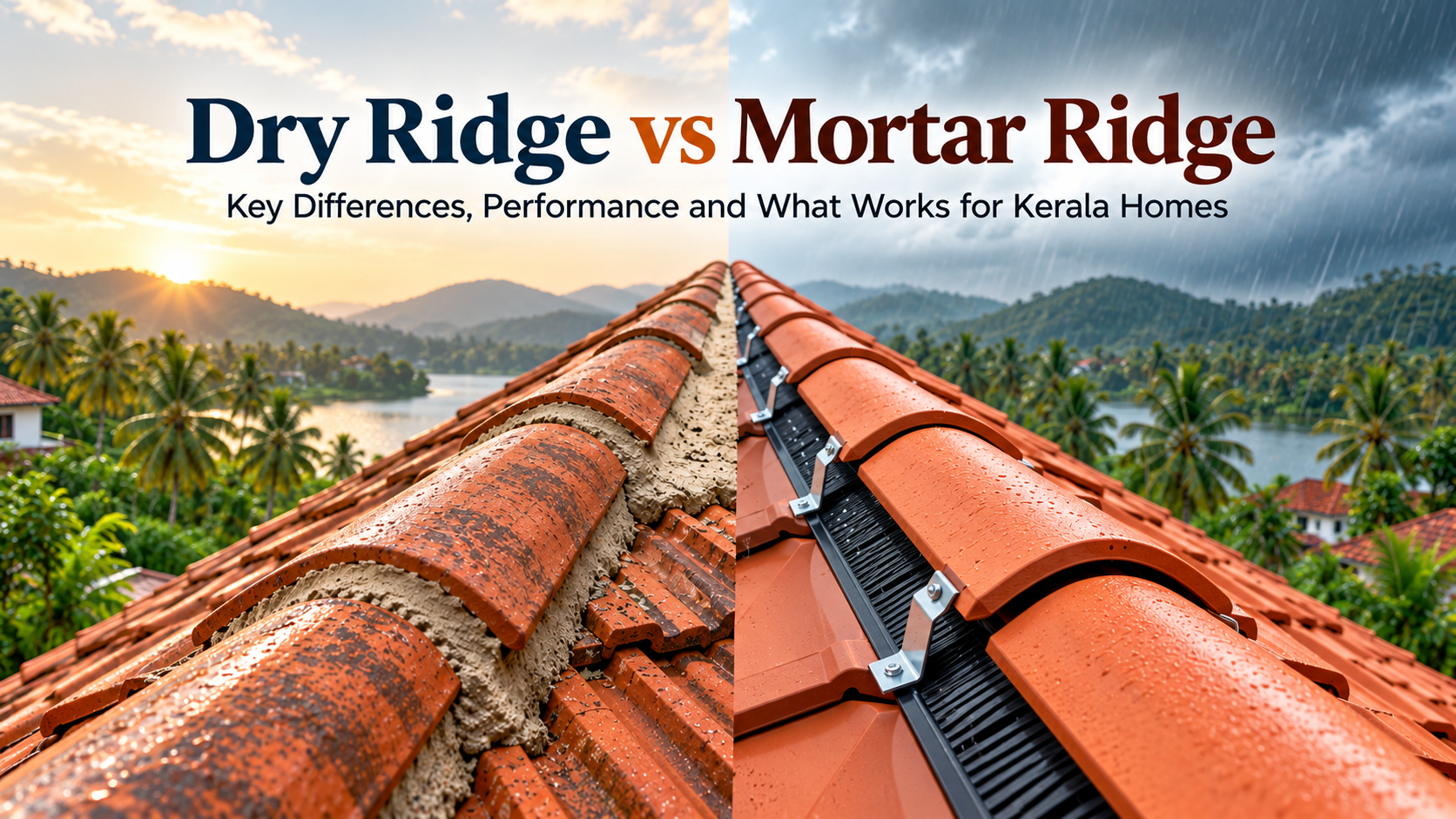 Dry Ridge vs Mortar Ridge comparison on a tiled roof in Kerala