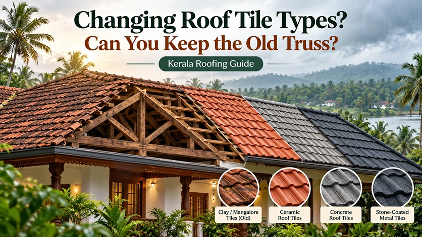 Old roof truss with different roof tile types in Kerala.
