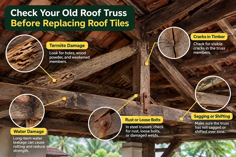 Old roof truss inspection showing termite damage, timber cracks, water damage, and rusty joints.