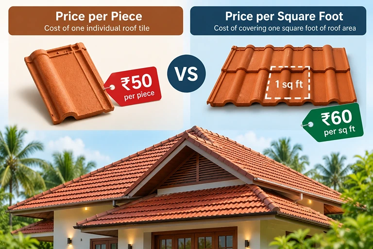Roof tile price per piece vs per square foot comparison for Kerala homes.