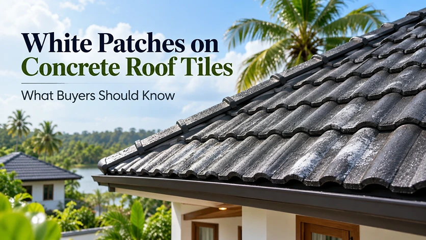 White patches on dark concrete roof tiles caused by efflorescence on a Kerala house roof.